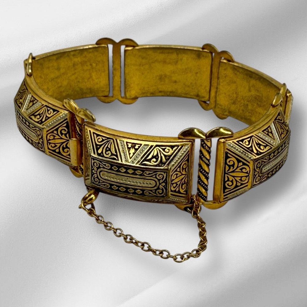 Vintage Spanish Damascene Link Bracelet – Gold & Black Inlay with Safety Chain